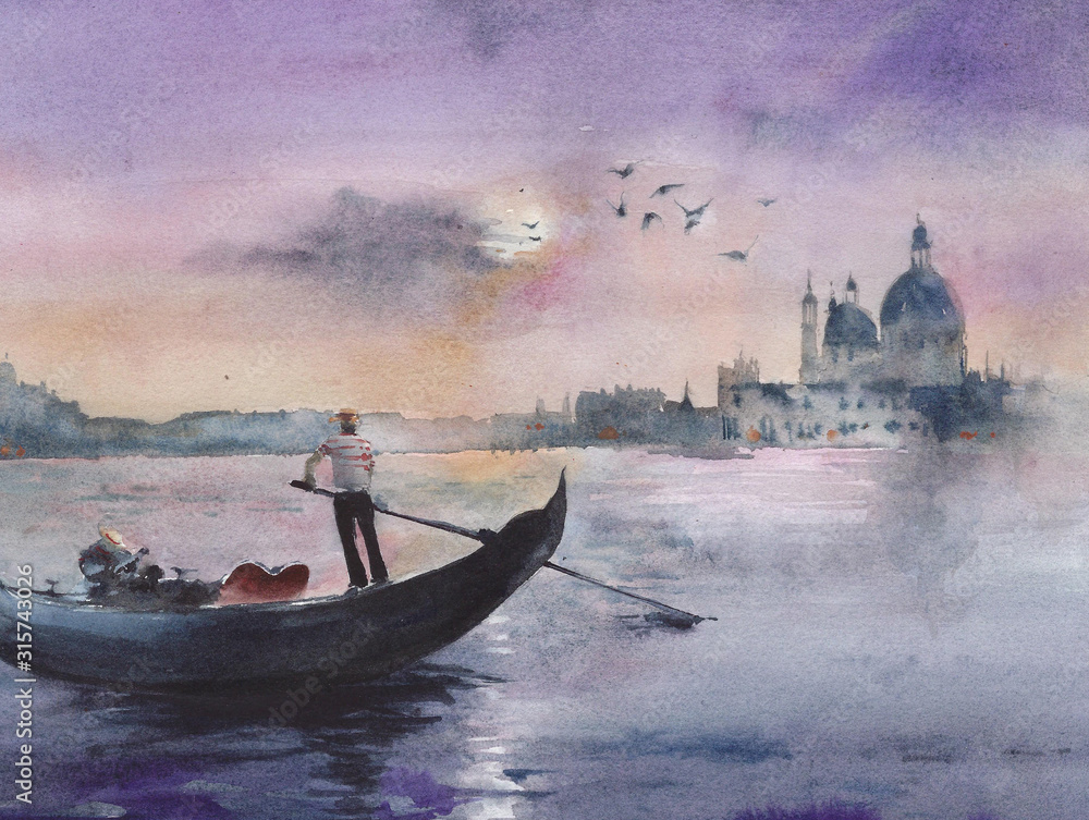 Obraz Wenecja wieczór Grand canal gondola Włochy akwarela malarstwo ilustracja