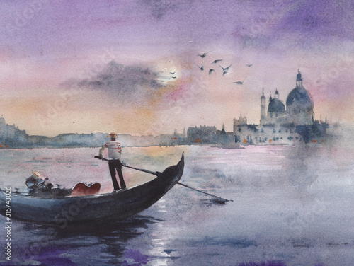 Obraz na płótnie Wenecja wieczór Grand canal gondola Włochy akwarela malarstwo ilustracja