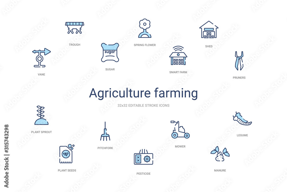 agriculture farming concept 14 colorful outline icons. 2 color blue stroke icons agriculture farming concept 14 colorful outline icons. 2 color blue stroke icons