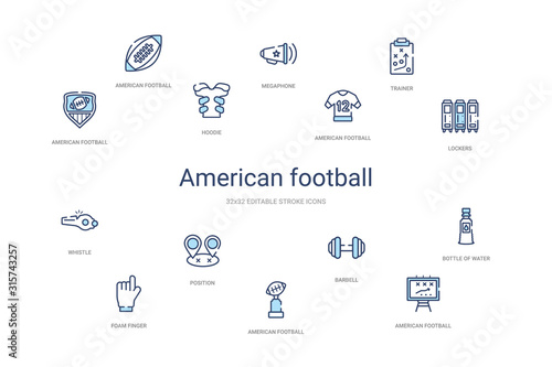 american football concept 14 colorful outline icons. 2 color blue stroke icons