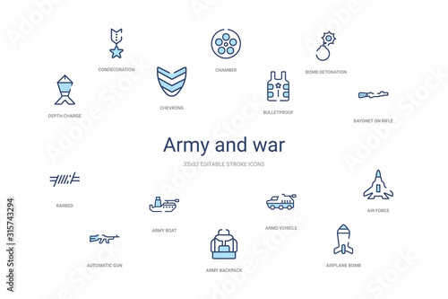 army and war concept 14 colorful outline icons. 2 color blue stroke icons