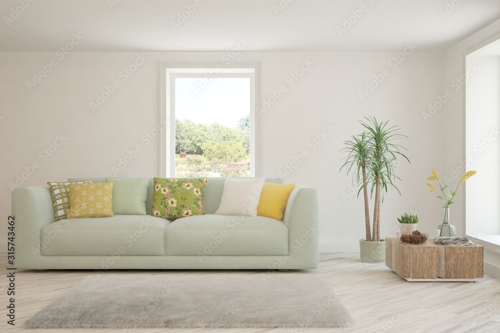 Fototapeta premium Stylish room in white color with sofa. Scandinavian interior design. 3D illustration