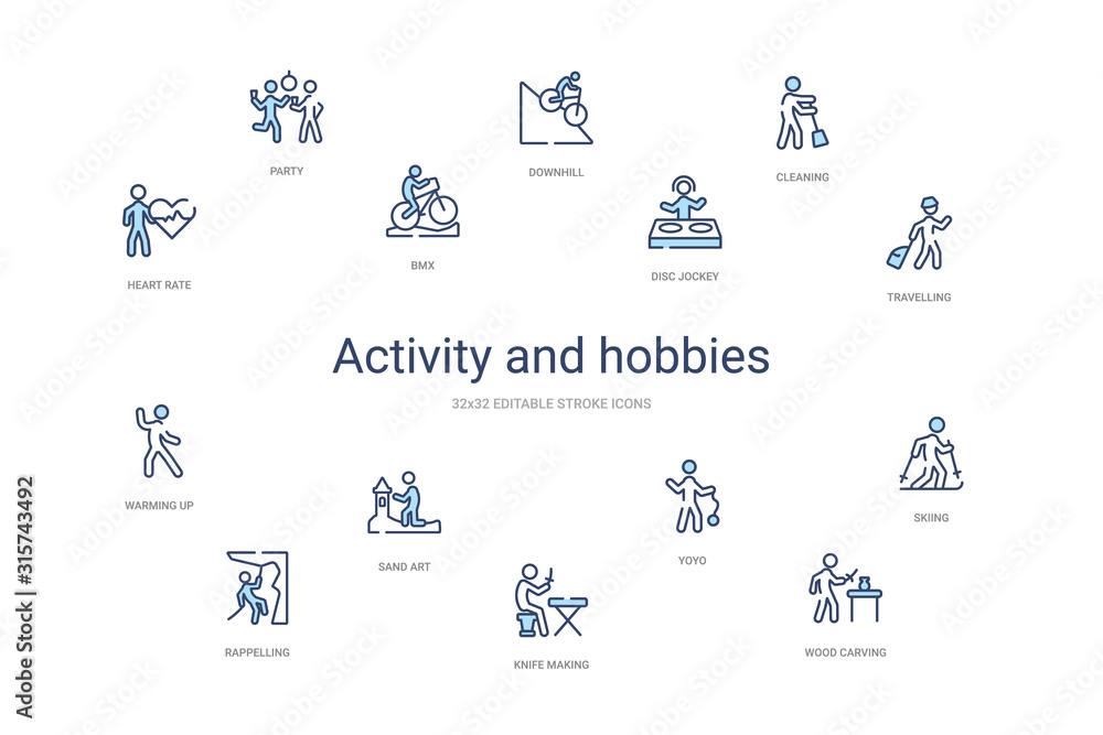 activity and hobbies concept 14 colorful outline icons. 2 color blue stroke icons