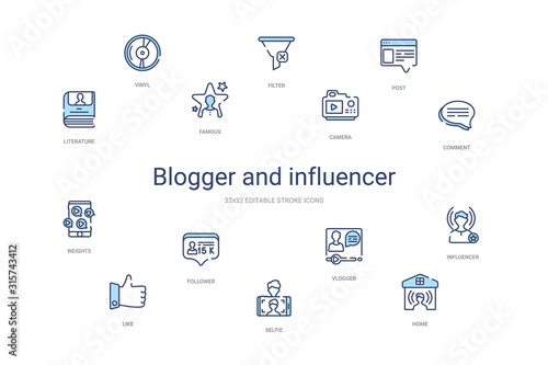blogger and influencer concept 14 colorful outline icons. 2 color blue stroke icons