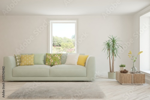 Stylish room in white color with sofa. Scandinavian interior design. 3D illustration