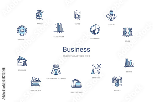 business concept 14 colorful outline icons. 2 color blue stroke icons