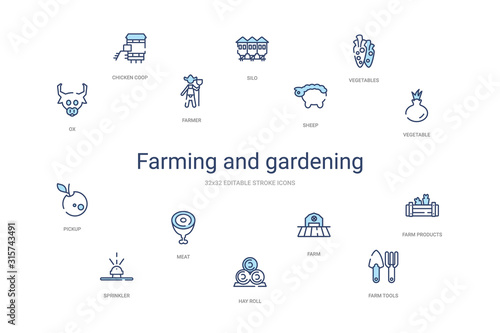 farming and gardening concept 14 colorful outline icons. 2 color blue stroke icons