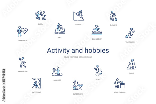 activity and hobbies concept 14 colorful outline icons. 2 color blue stroke icons