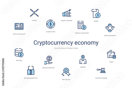 cryptocurrency economy concept 14 colorful outline icons. 2 color blue stroke icons