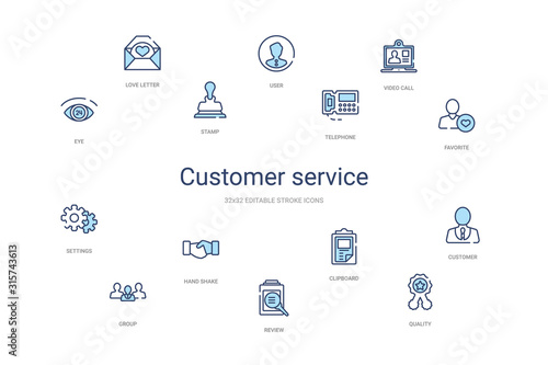 customer service concept 14 colorful outline icons. 2 color blue stroke icons