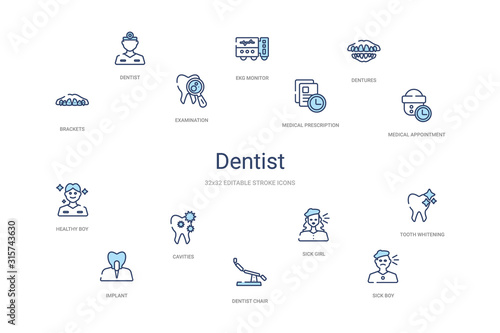 dentist concept 14 colorful outline icons. 2 color blue stroke icons