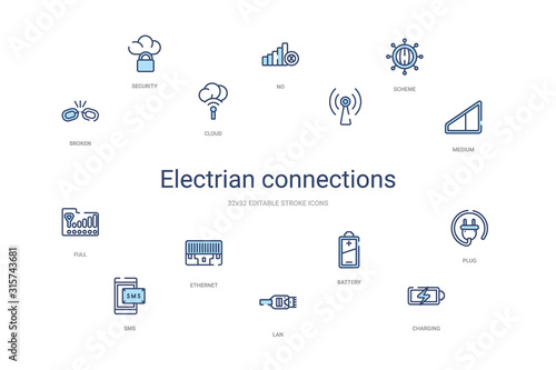 electrian connections concept 14 colorful outline icons. 2 color blue stroke icons
