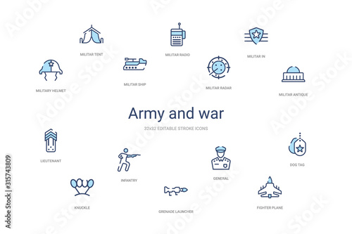army and war concept 14 colorful outline icons. 2 color blue stroke icons