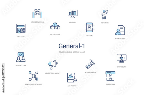 general-1 concept 14 colorful outline icons. 2 color blue stroke icons