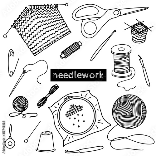 Set of elements on the theme of needlework. Black and white vector illustration in doodle style. Objects are isolated on a white background