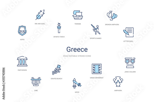 greece concept 14 colorful outline icons. 2 color blue stroke icons