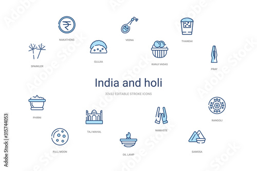 india and holi concept 14 colorful outline icons. 2 color blue stroke icons
