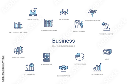 business concept 14 colorful outline icons. 2 color blue stroke icons