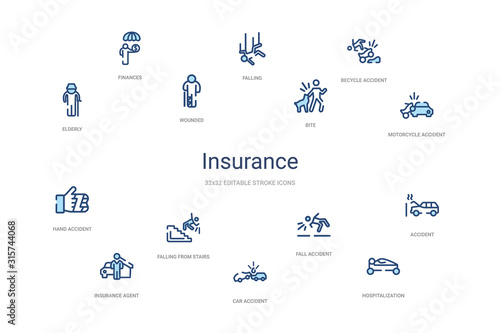 insurance concept 14 colorful outline icons. 2 color blue stroke icons