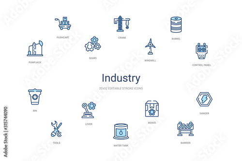 industry concept 14 colorful outline icons. 2 color blue stroke icons photo