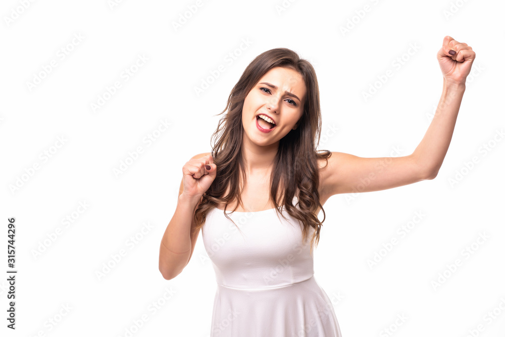 Portrait of happy young girl with raised fists isolated white background Portrait of happy young girl with raised fists isolated white background