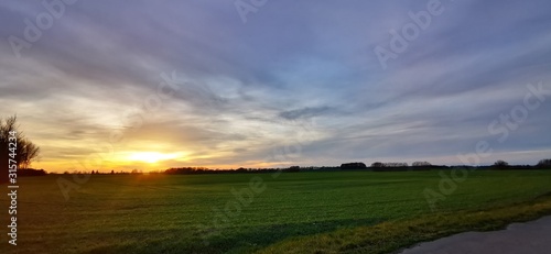 A fantastic sunset with red yellow orange and purple tones with dramatic cloud formation over green meadows with bare trees in January on the island of Rügen