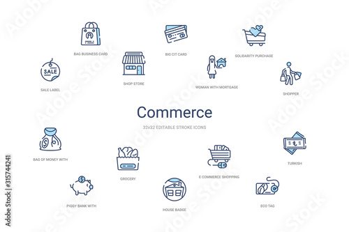 commerce concept 14 colorful outline icons. 2 color blue stroke icons