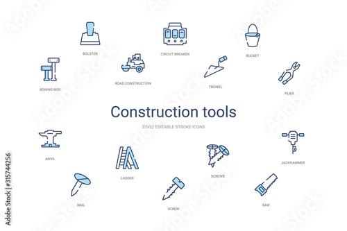 construction tools concept 14 colorful outline icons. 2 color blue stroke icons