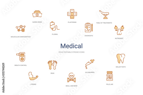 medical concept 14 colorful outline icons. 2 color blue stroke icons