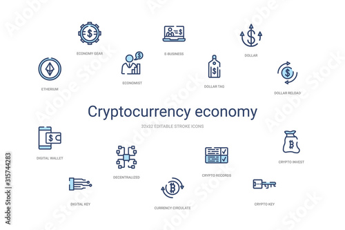 cryptocurrency economy concept 14 colorful outline icons. 2 color blue stroke icons