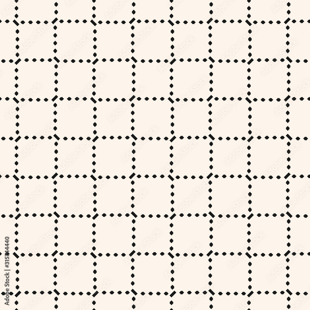 Square grid seamless pattern. Vector abstract geometric black and white texture with thin cross dash lines, rhombuses, mesh, lattice, grill. Subtle repeat background, simple design for decor, prints Square grid seamless pattern. Vector abstract geometric black and white texture with thin cross dash lines, rhombuses, mesh, lattice, grill. Subtle repeat background, simple design for decor, prints