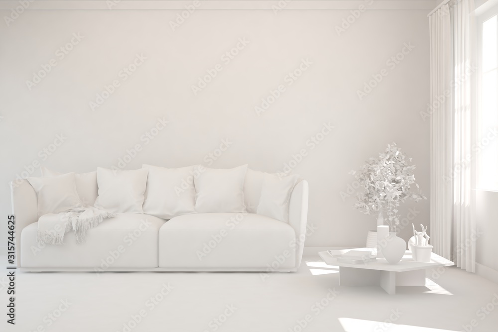 Mock up of stylish room in white color with sofa. Scandinavian interior design. 3D illustration Mock up of stylish room in white color with sofa. Scandinavian interior design. 3D illustration