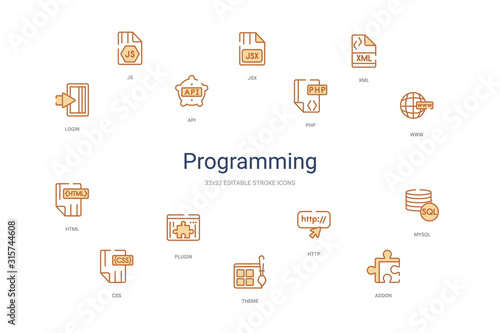 programming concept 14 colorful outline icons. 2 color blue stroke icons