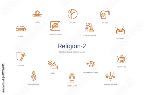religion-2 concept 14 colorful outline icons. 2 color blue stroke icons