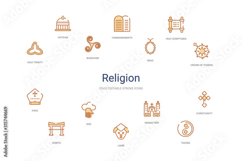 religion concept 14 colorful outline icons. 2 color blue stroke icons
