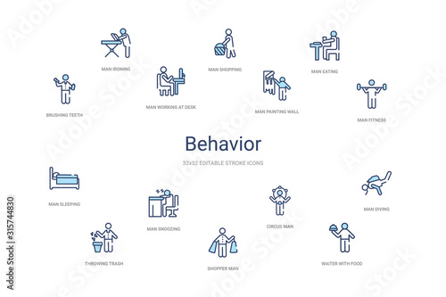 behavior concept 14 colorful outline icons. 2 color blue stroke icons