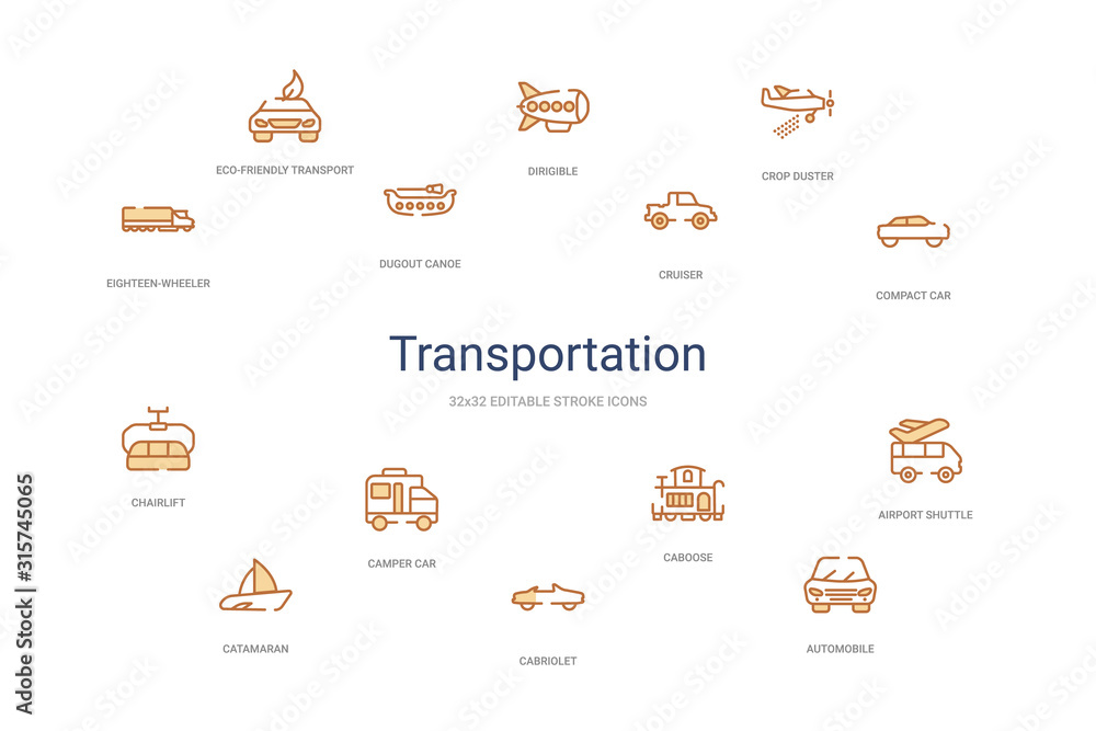 transportation concept 14 colorful outline icons. 2 color blue stroke icons