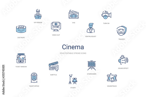cinema concept 14 colorful outline icons. 2 color blue stroke icons