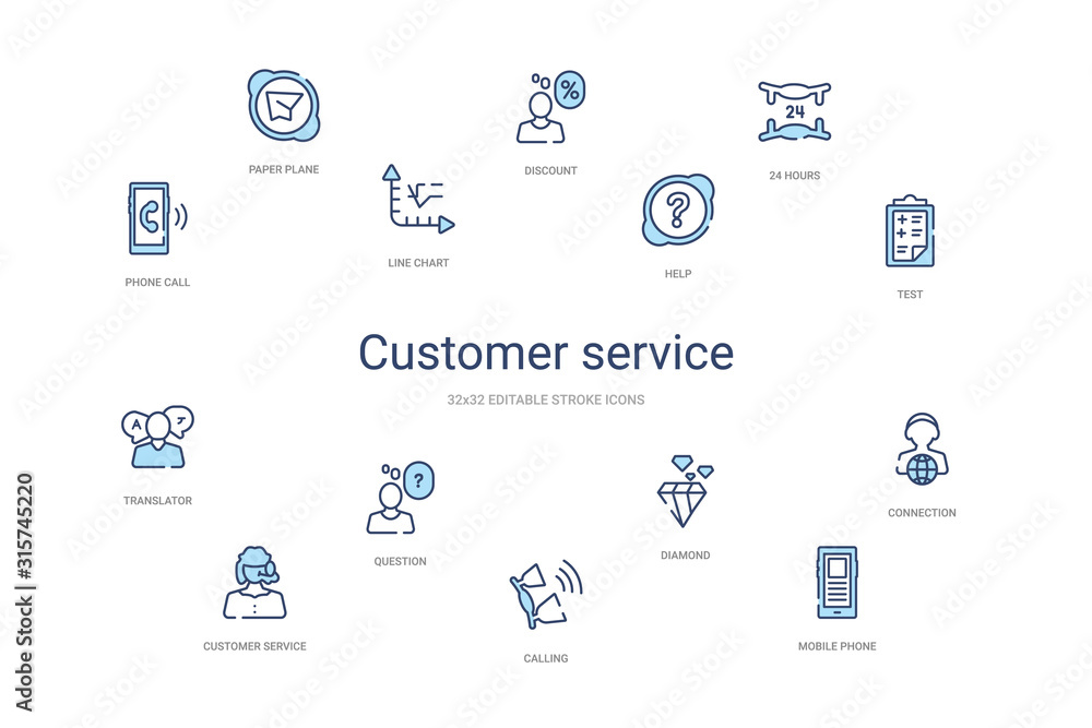 Naklejka premium customer service concept 14 colorful outline icons. 2 color blue stroke icons
