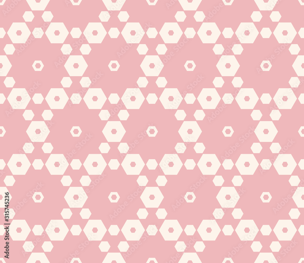 Pink vector seamless pattern. Elegant geometric ornament with delicate hexagonal grid, lattice, small hexagons. Subtle abstract background texture. Cute fashionable design for babies, girls, decor