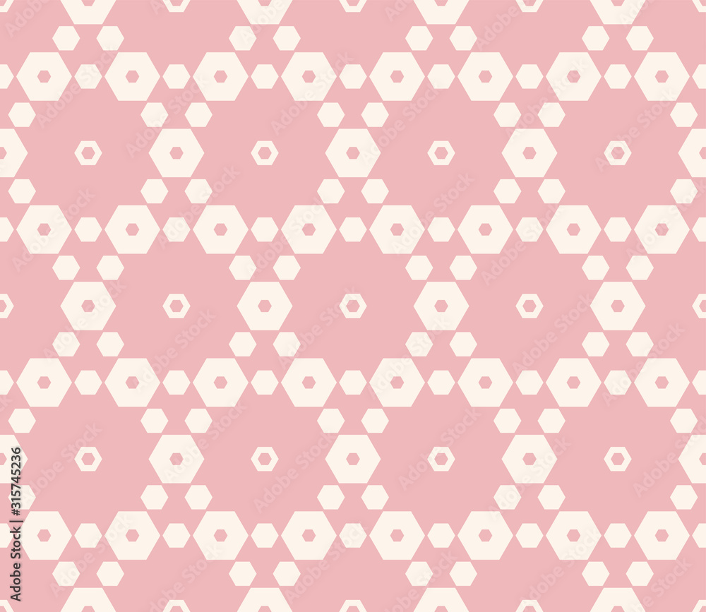 Pink vector seamless pattern. Elegant geometric ornament with delicate hexagonal grid, lattice, small hexagons. Subtle abstract background texture. Cute fashionable design for babies, girls, decor Pink vector seamless pattern. Elegant geometric ornament with delicate hexagonal grid, lattice, small hexagons. Subtle abstract background texture. Cute fashionable design for babies, girls, decor