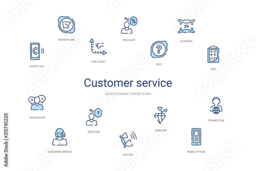 customer service concept 14 colorful outline icons. 2 color blue stroke icons