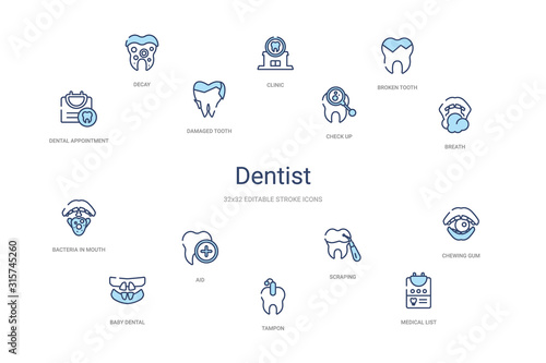 dentist concept 14 colorful outline icons. 2 color blue stroke icons