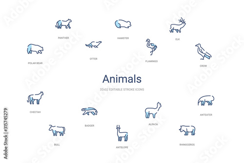 animals concept 14 colorful outline icons. 2 color blue stroke icons