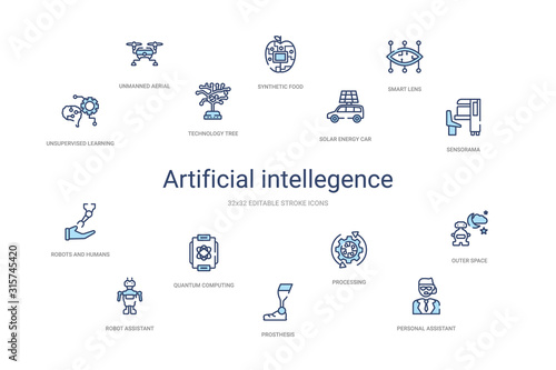 artificial intellegence concept 14 colorful outline icons. 2 color blue stroke icons
