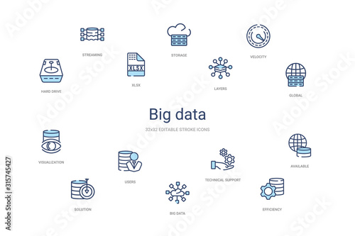 big data concept 14 colorful outline icons. 2 color blue stroke icons