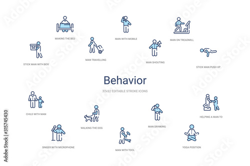 behavior concept 14 colorful outline icons. 2 color blue stroke icons