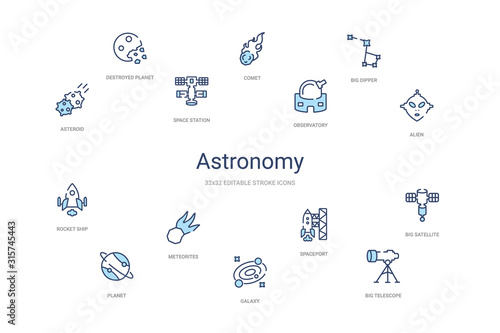 astronomy concept 14 colorful outline icons. 2 color blue stroke icons