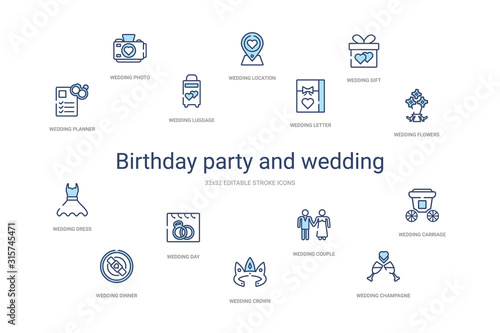 birthday party and wedding concept 14 colorful outline icons. 2 color blue stroke icons