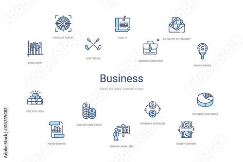 business concept 14 colorful outline icons. 2 color blue stroke icons